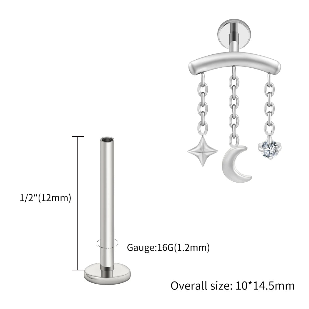 Right Grand ASTM F136 Titanium Hidden Helix Chain Earring 16G Dainty Star Moon CZ Dangle Cartilage Stud Piercing Jewelry