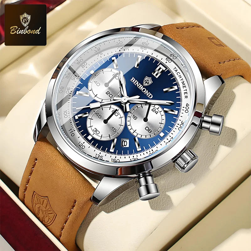 BINBOND Fashion New Quartz Men's Watch Leather Watchband Luminous Waterproof Timer Sports Business Man Watches Relogio Masculino