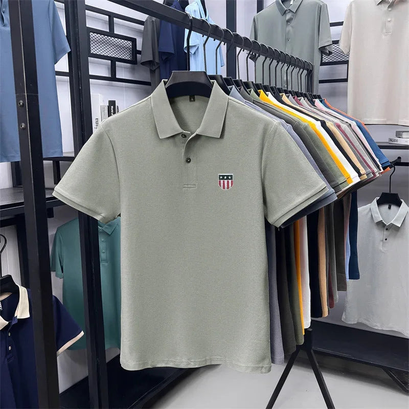 Men's Summer Luxury 100% Cotton Polo Shirt, Lapel Print Short Sleeve T-shirt, Breathable Business Casual Menswear