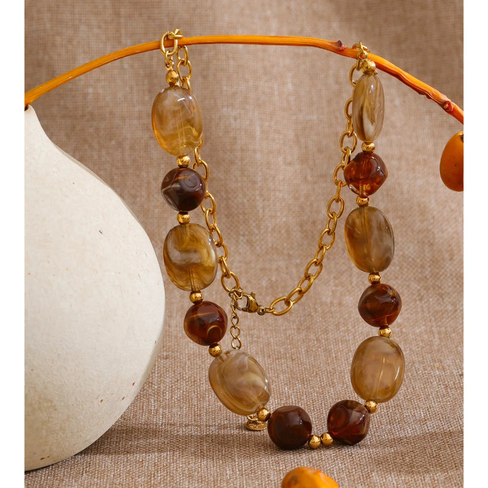 Yhpup Stainless Steel Resin Beads Chain Statement Necklace Waterproof PVD Plated Handmade Attractive Neck Jewelry Accessories