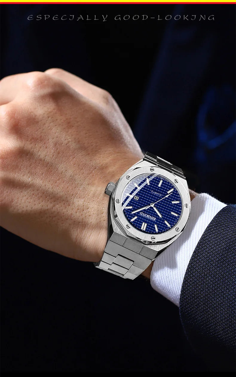 BINBOND B0233 Fashion Casual Men Watches Big Dial blackStainless Steel Calendar Quartz Wristwatch Classic Top Brand Male Clock