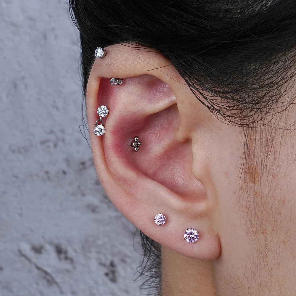 Right Grand ASTM F136 Titanium 16G Double CZ Floating Dangle Tragus Helix Cartilage Stud Internally Threaded Charm Drop Earring