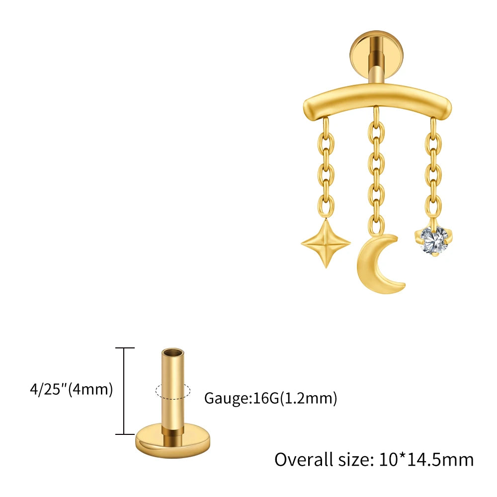 Right Grand ASTM F136 Titanium Hidden Helix Chain Earring 16G Dainty Star Moon CZ Dangle Cartilage Stud Piercing Jewelry