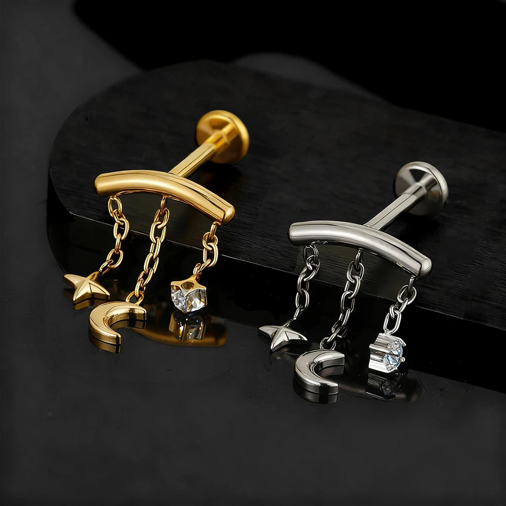 Right Grand ASTM F136 Titanium Hidden Helix Chain Earring 16G Dainty Star Moon CZ Dangle Cartilage Stud Piercing Jewelry