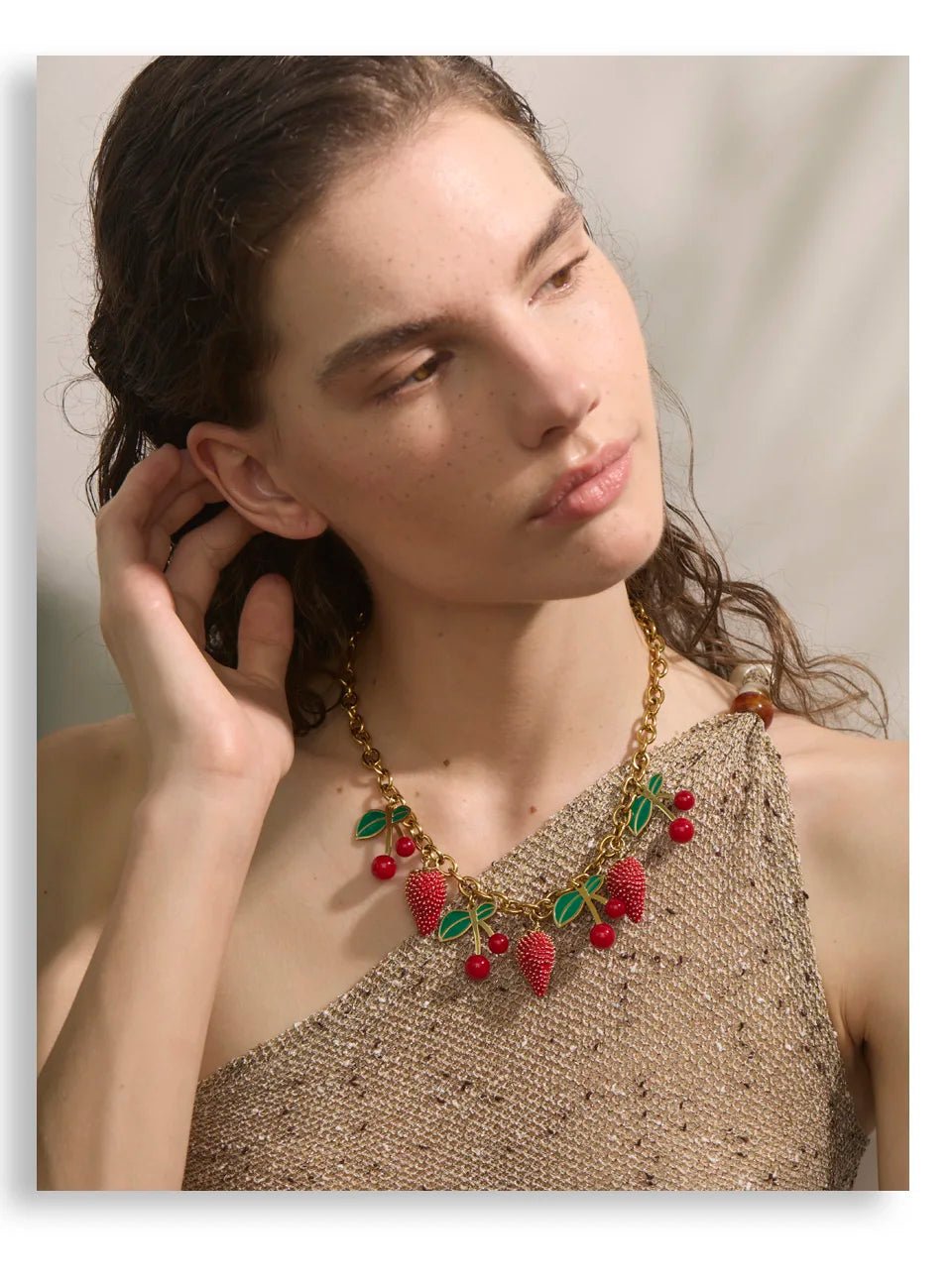Yhpup 2025 Red Enamel Acrylic Cherry Strawberry Drop Necklace for Women Stainless Steel Fruit Handmade Fashion Collar Jewellery