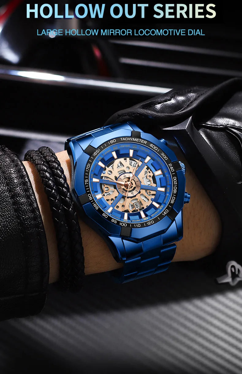 Binbond Mens Watches Top Brand Luxury Stainless Steel Waterproof Hollow Out Blue Big Male Wristwatches Relogio Masculino 2023