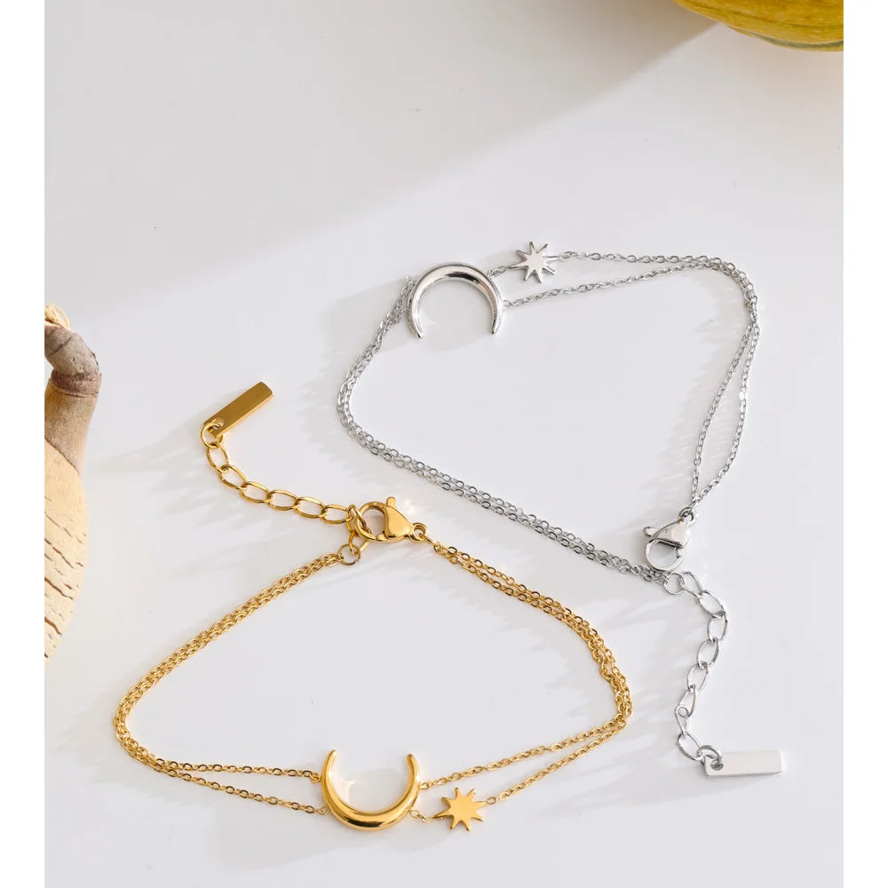 Yhpup Stainless Steel Double-Layer Chain Sun Moon Bracelet Bangle for Women Summer Waterproof Fashion Wrist Jewelry Wholesale