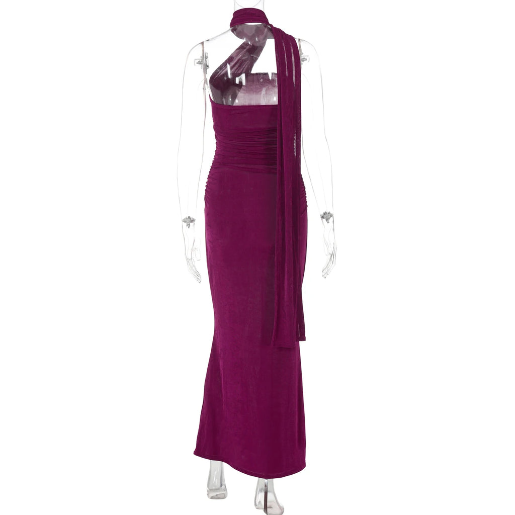 Hugcitar Elegant Solid Halter Sleeveless Backless Ruched Sexy Bodycon Maxi Dress Summer Women Y2K Outfit Evening Party Festival