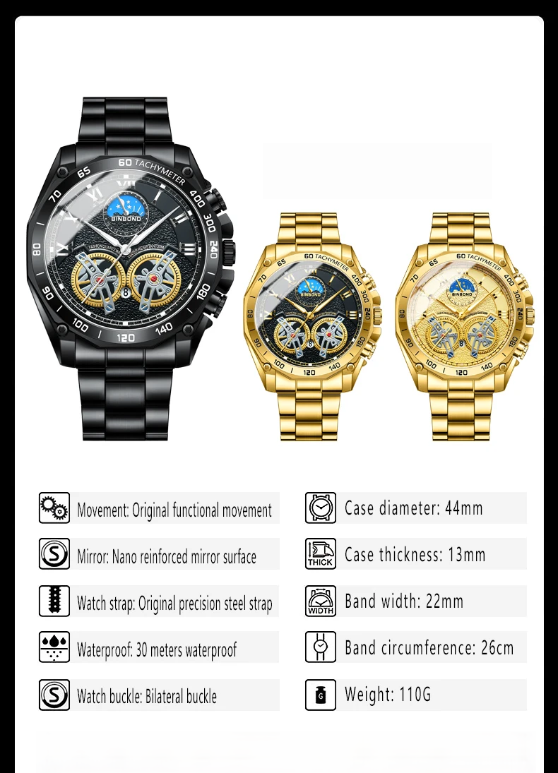 BINBOND Luxury Men Quartz Watches Fashion Concept Decorative Dial Casual Military Sports Wristwatch Waterproof Men's Clock
