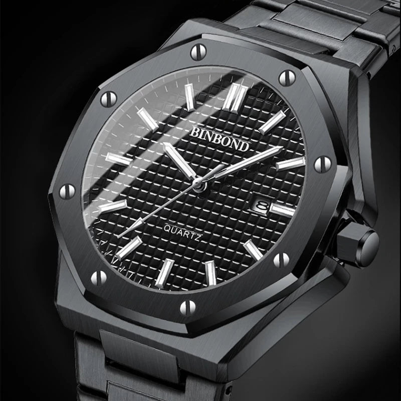 BINBOND B0233 Fashion Casual Men Watches Big Dial blackStainless Steel Calendar Quartz Wristwatch Classic Top Brand Male Clock