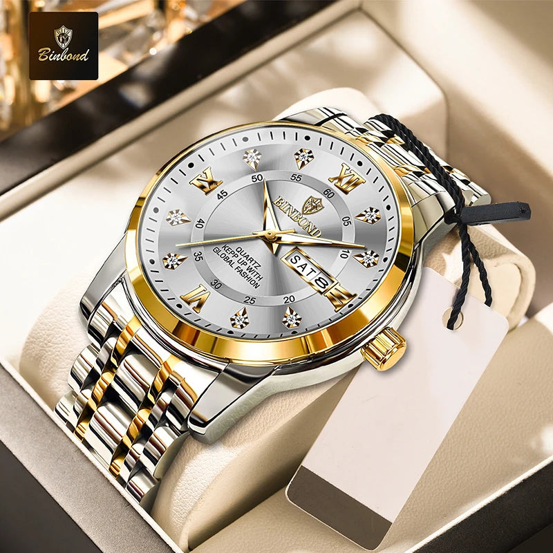 BINBOND 7169 Men's Watches Trend Fashion Star Ring Dial Original Quartz Watch for Man Waterproof Stainless Steel Luminous