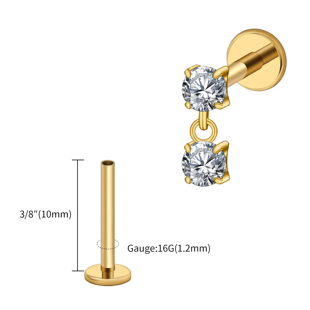 Right Grand ASTM F136 Titanium 16G Double CZ Floating Dangle Tragus Helix Cartilage Stud Internally Threaded Charm Drop Earring