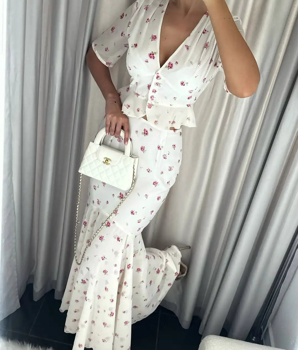 Women White Pink Floral Print Fishtail Skirt Set Chic V Neck Puff Sleeve Ruffle Button Crop Top Suit Elegant Lady Wedding Outfit