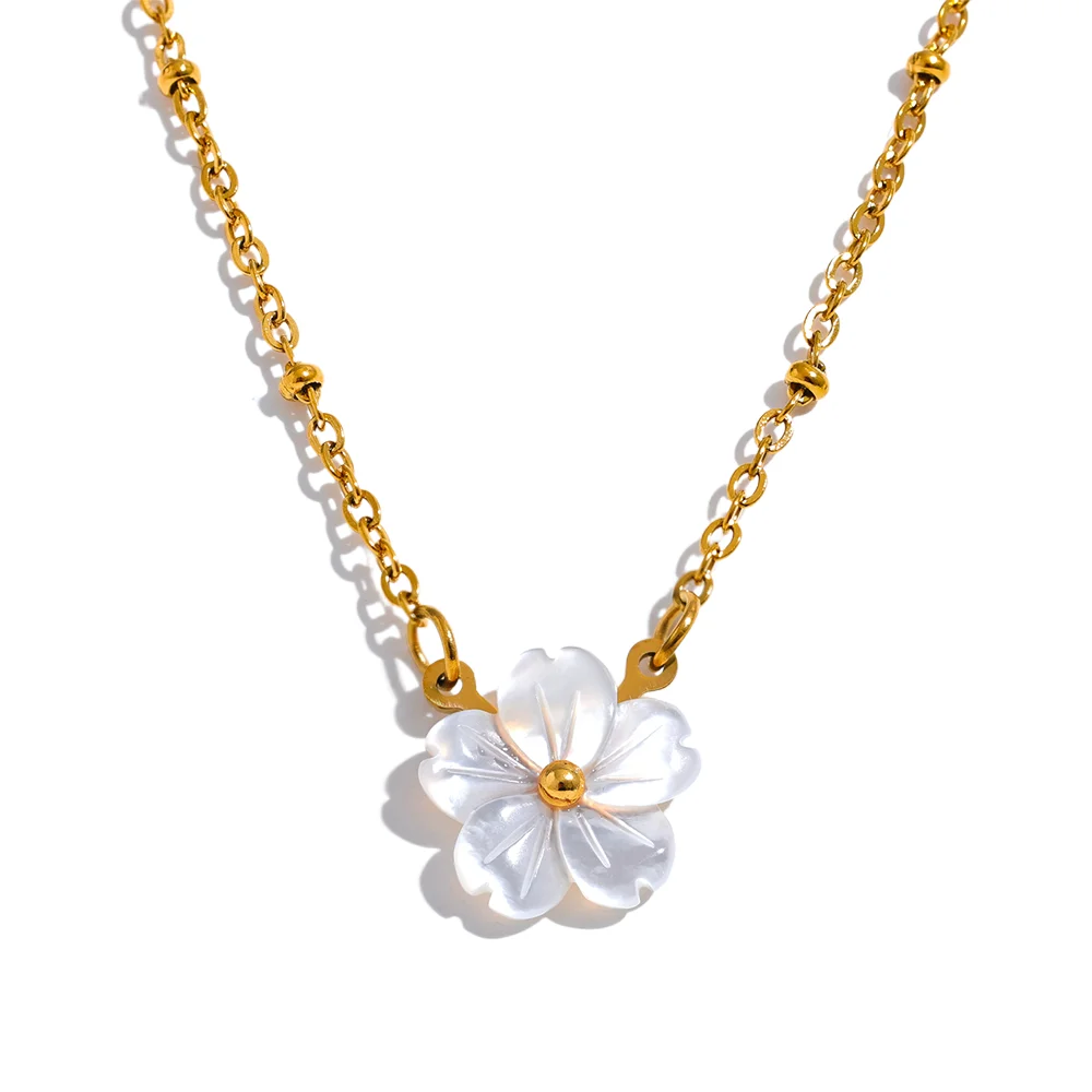 Yhpup Chic Fashion Natural Shell Flower Pendant Necklace Gift Stainless Steel Exquisite Chain Gold Color Premium Jewelry Bijoux