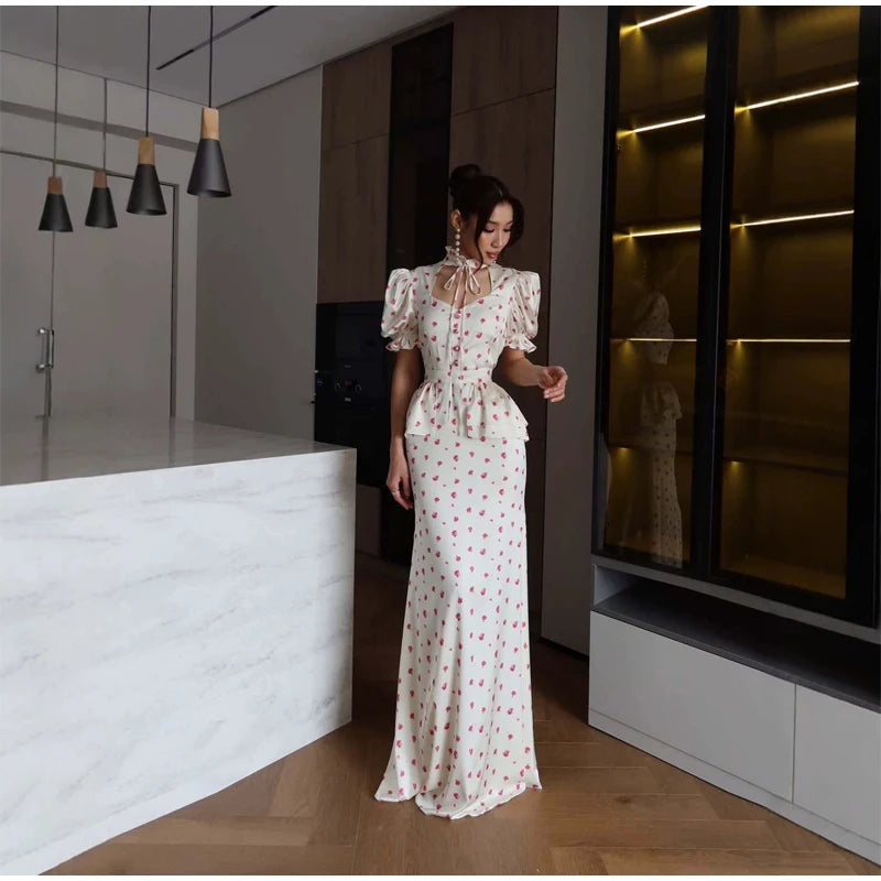 Women White Pink Floral Print Fishtail Skirt Set Chic V Neck Puff Sleeve Ruffle Button Crop Top Suit Elegant Lady Wedding Outfit