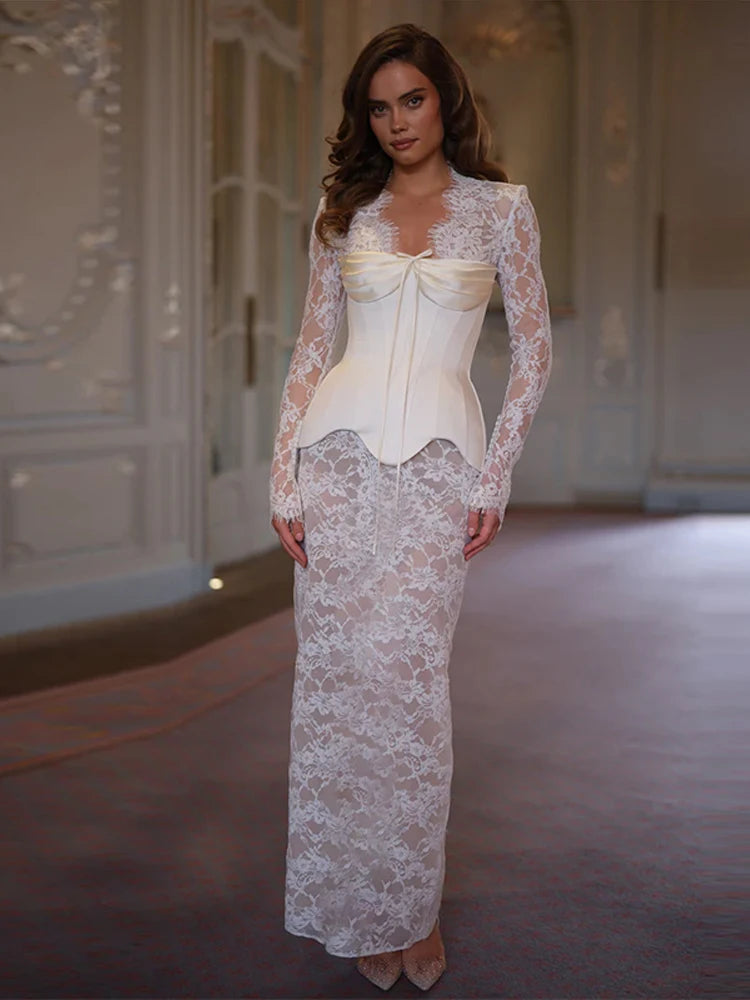 Women's Lace Sleeves Corset Mini Dress Deep V-Neck Sheer Romantic Evening Dress Elegant Party Wear Female Clothing Summer Suit