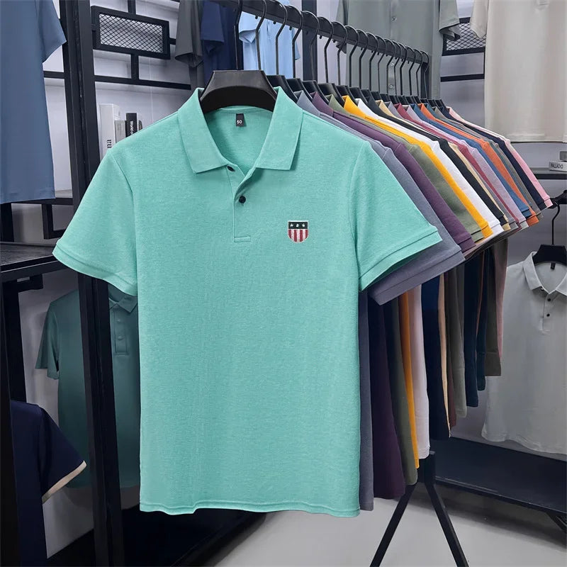 Men's Summer Luxury 100% Cotton Polo Shirt, Lapel Print Short Sleeve T-shirt, Breathable Business Casual Menswear