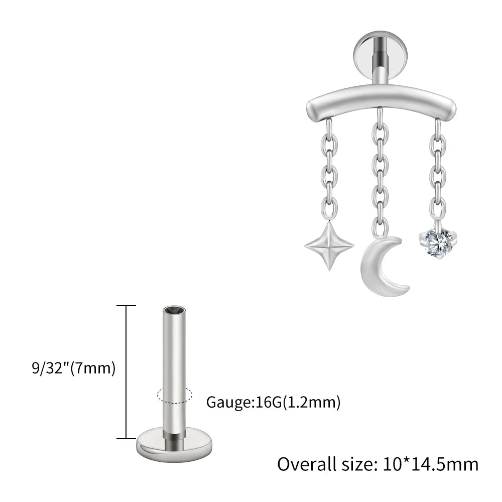 Right Grand ASTM F136 Titanium Hidden Helix Chain Earring 16G Dainty Star Moon CZ Dangle Cartilage Stud Piercing Jewelry
