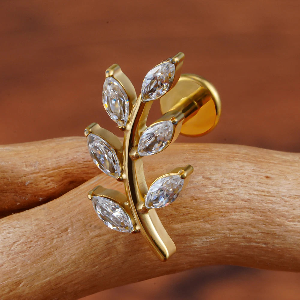 Right Grand ASTM F136 Titanium 16G Marquise CZ Leaves Stud Earring Leaf Shaped Helix Cartilage Conch Flat Back Piercing Jewelry