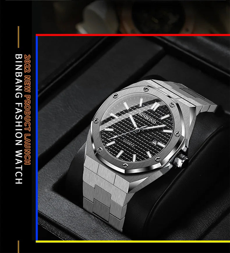 BINBOND B0233 Fashion Casual Men Watches Big Dial blackStainless Steel Calendar Quartz Wristwatch Classic Top Brand Male Clock