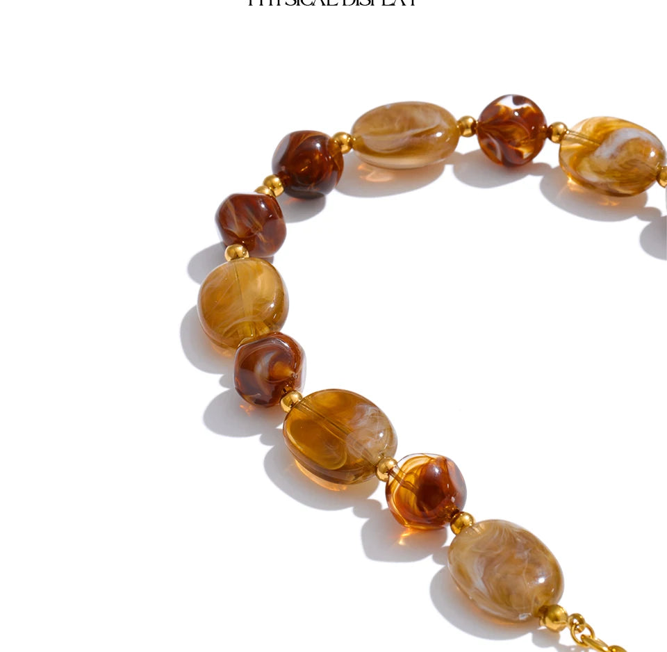 Yhpup Stainless Steel Resin Beads Chain Statement Necklace Waterproof PVD Plated Handmade Attractive Neck Jewelry Accessories
