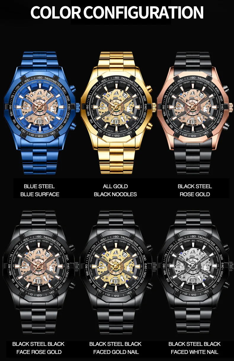 Binbond Mens Watches Top Brand Luxury Stainless Steel Waterproof Hollow Out Blue Big Male Wristwatches Relogio Masculino 2023