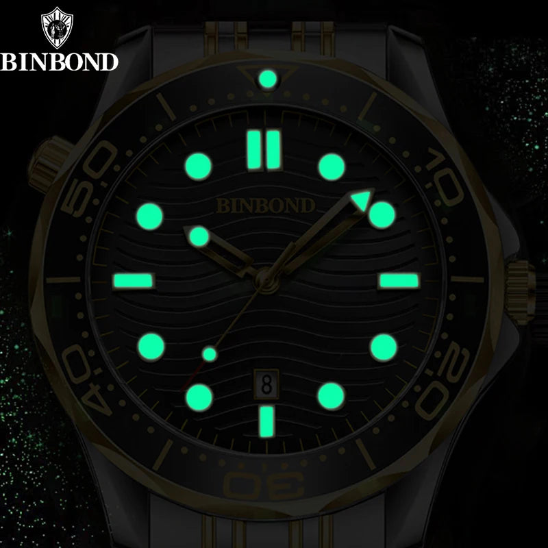 BINBOND Brand New Fashion Ultra-thin Sea Horse Series Men Business Quartz  Watches Waterproof Luminous Sports Casual Men's Watch