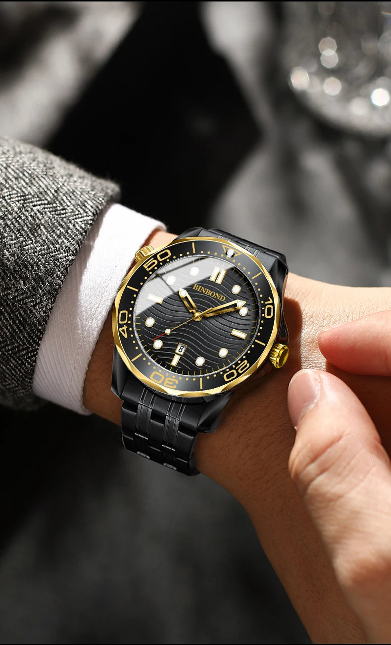 BINBOND Brand New Fashion Ultra-thin Sea Horse Series Men Business Quartz  Watches Waterproof Luminous Sports Casual Men's Watch