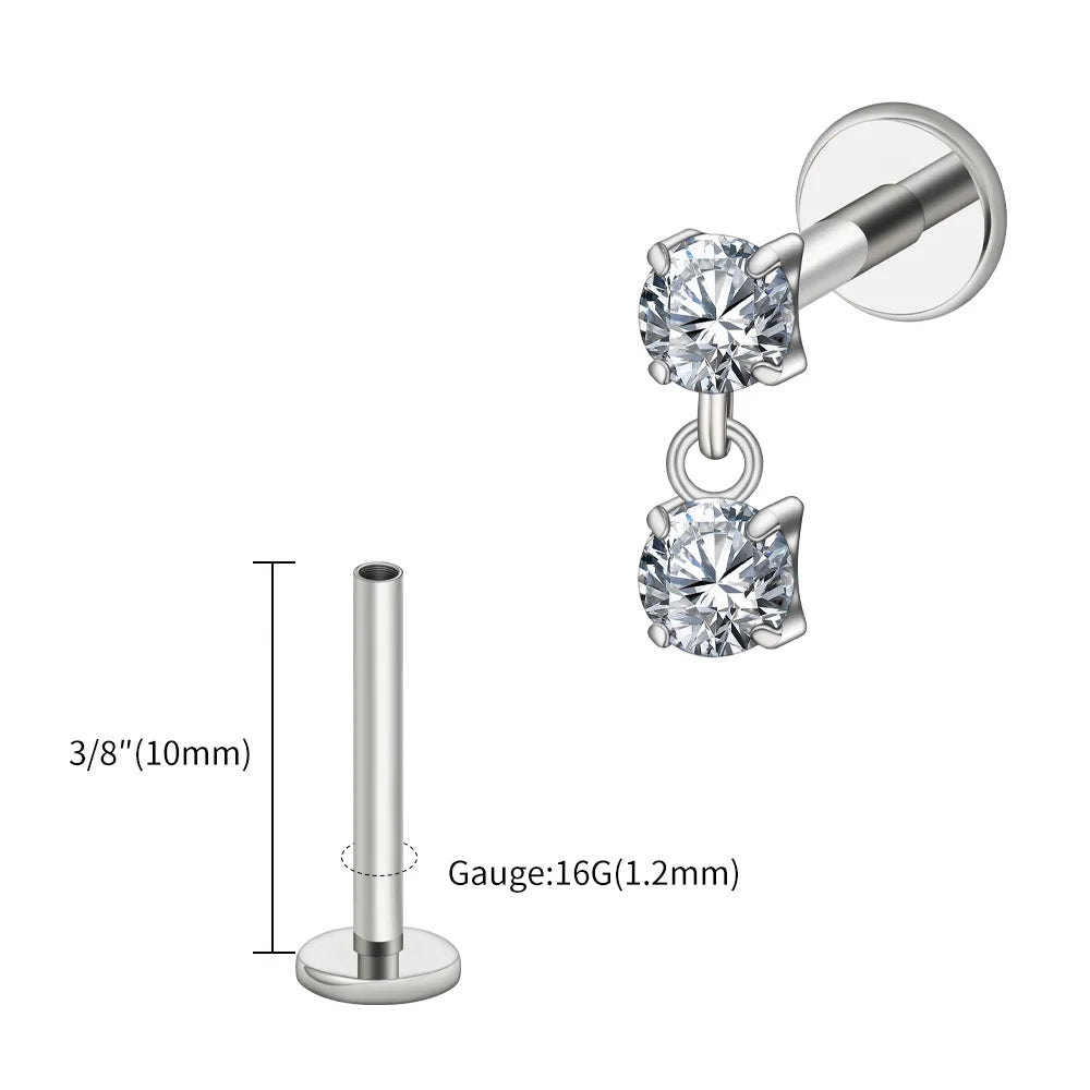 Right Grand ASTM F136 Titanium 16G Double CZ Floating Dangle Tragus Helix Cartilage Stud Internally Threaded Charm Drop Earring
