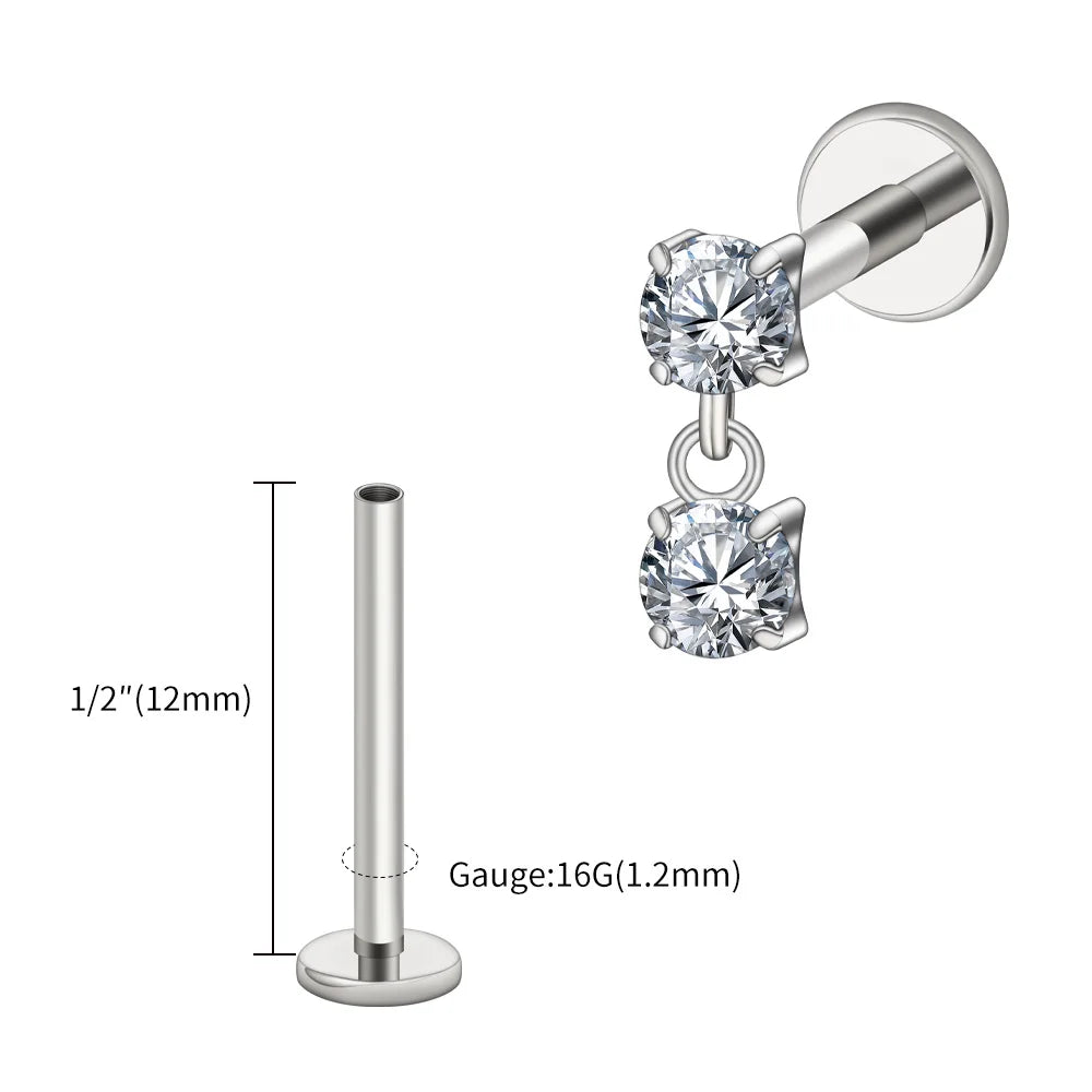 Right Grand ASTM F136 Titanium 16G Double CZ Floating Dangle Tragus Helix Cartilage Stud Internally Threaded Charm Drop Earring