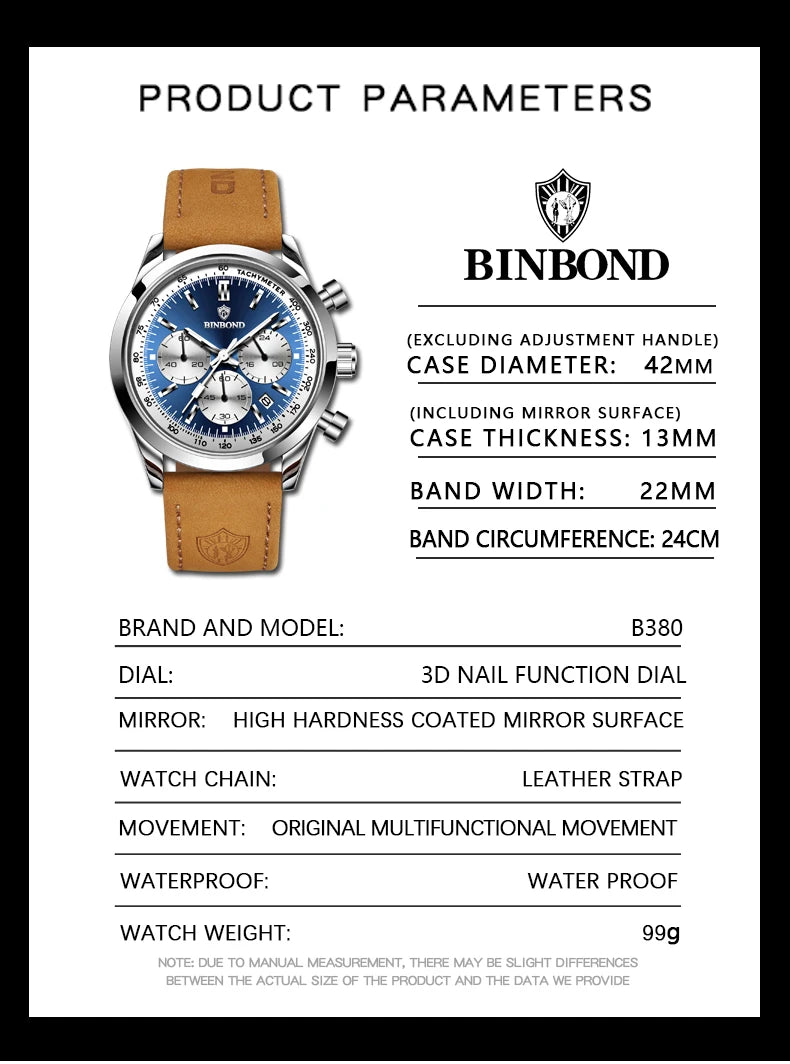 BINBOND Fashion New Quartz Men's Watch Leather Watchband Luminous Waterproof Timer Sports Business Man Watches Relogio Masculino