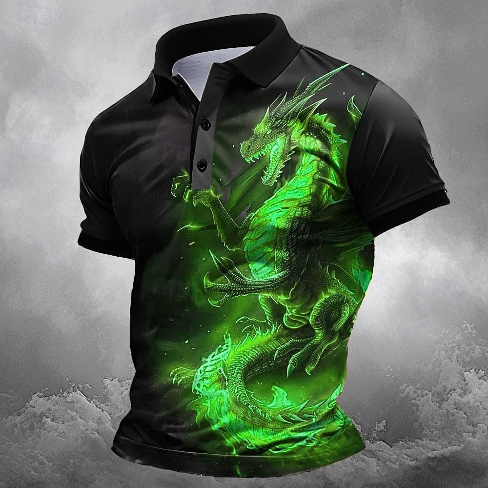 Men's Dragon Print Polo Shirt – Short Sleeve Casual Golf &amp; Streetwear Polo