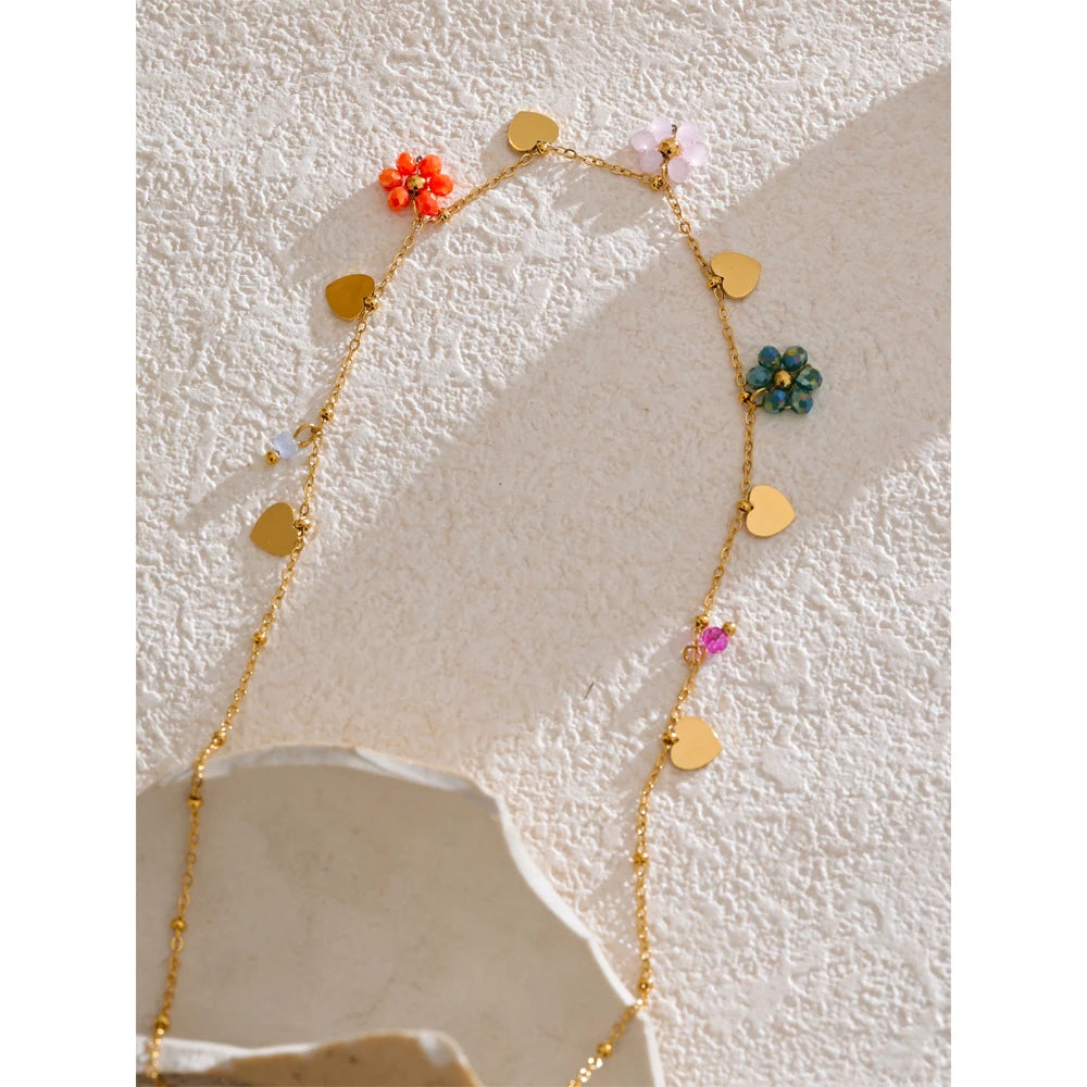 Yhpup Summer Fashion Crystal Flower Pendant Necklace for Women Stainless Steel Handmade Cute Collar Jewelry 2025 Waterproof