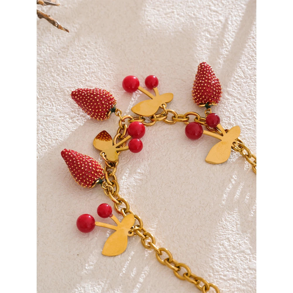 Yhpup 2025 Red Enamel Acrylic Cherry Strawberry Drop Necklace for Women Stainless Steel Fruit Handmade Fashion Collar Jewellery