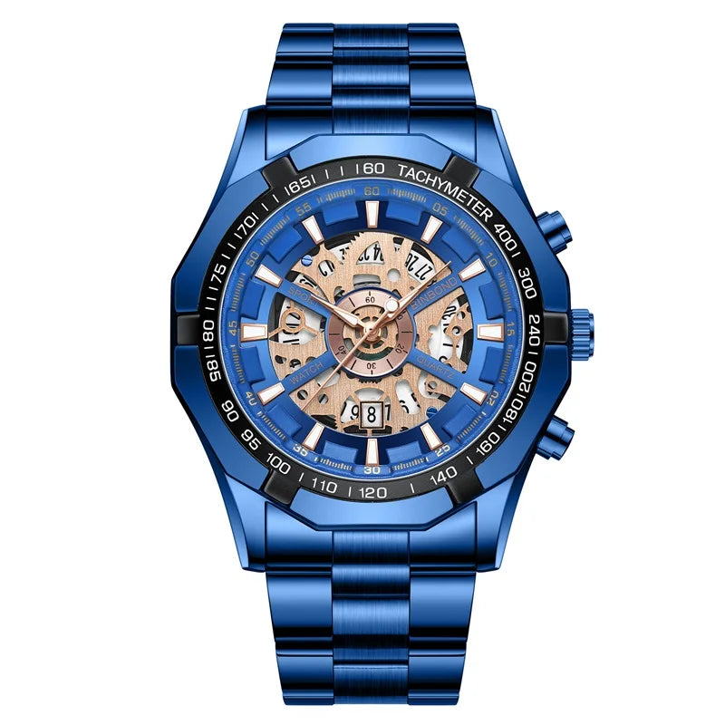 Binbond Mens Watches Top Brand Luxury Stainless Steel Waterproof Hollow Out Blue Big Male Wristwatches Relogio Masculino 2023