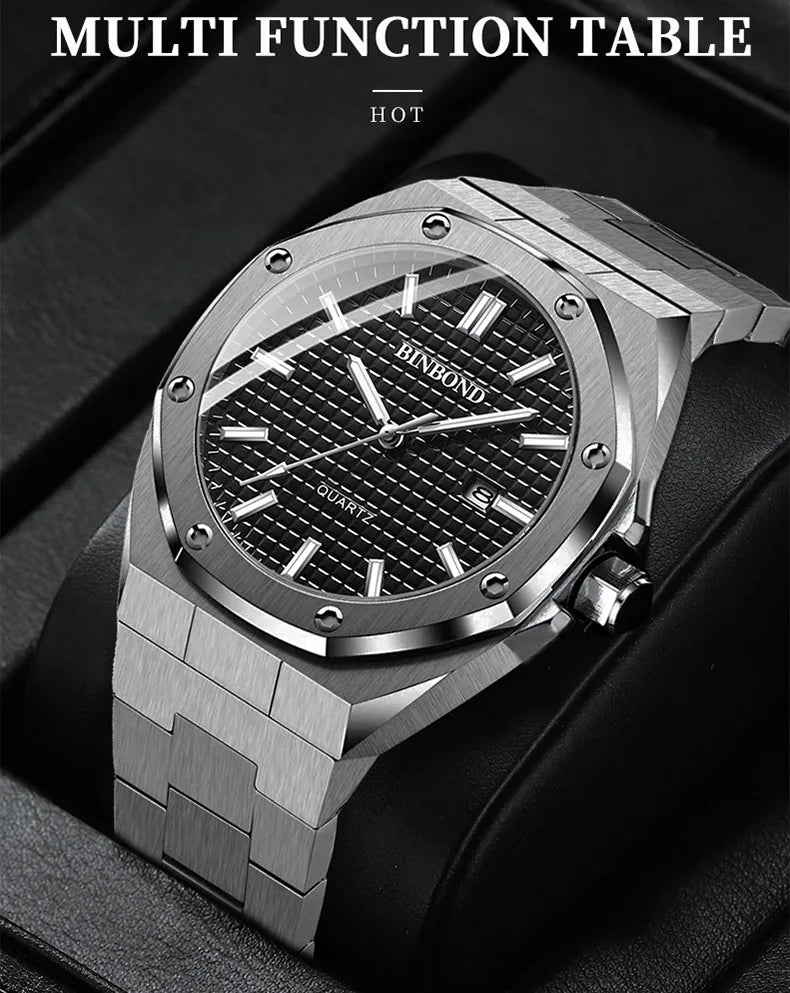 BINBOND B0233 Fashion Casual Men Watches Big Dial blackStainless Steel Calendar Quartz Wristwatch Classic Top Brand Male Clock