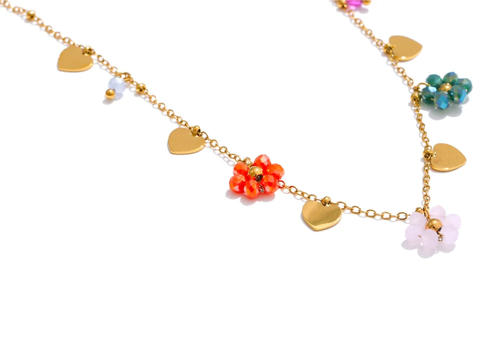 Yhpup Summer Fashion Crystal Flower Pendant Necklace for Women Stainless Steel Handmade Cute Collar Jewelry 2025 Waterproof