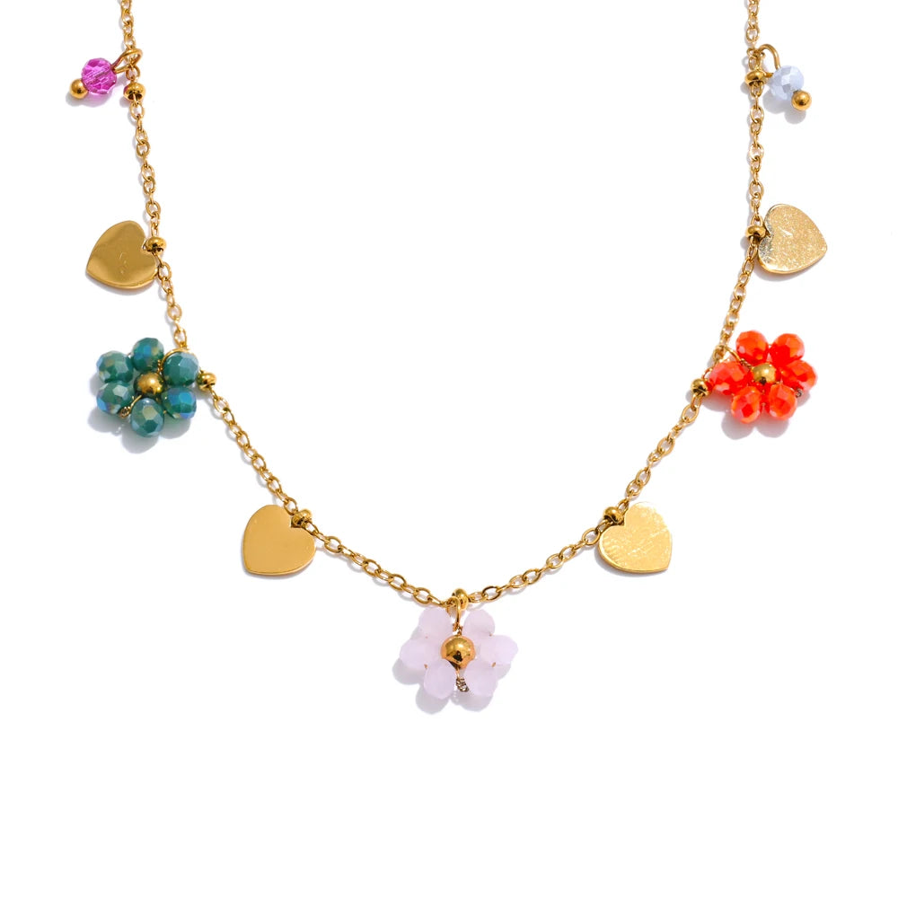 Yhpup Summer Fashion Crystal Flower Pendant Necklace for Women Stainless Steel Handmade Cute Collar Jewelry 2025 Waterproof