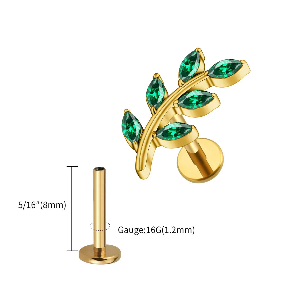 Right Grand ASTM F136 Titanium 16G Marquise CZ Leaves Stud Earring Leaf Shaped Helix Cartilage Conch Flat Back Piercing Jewelry