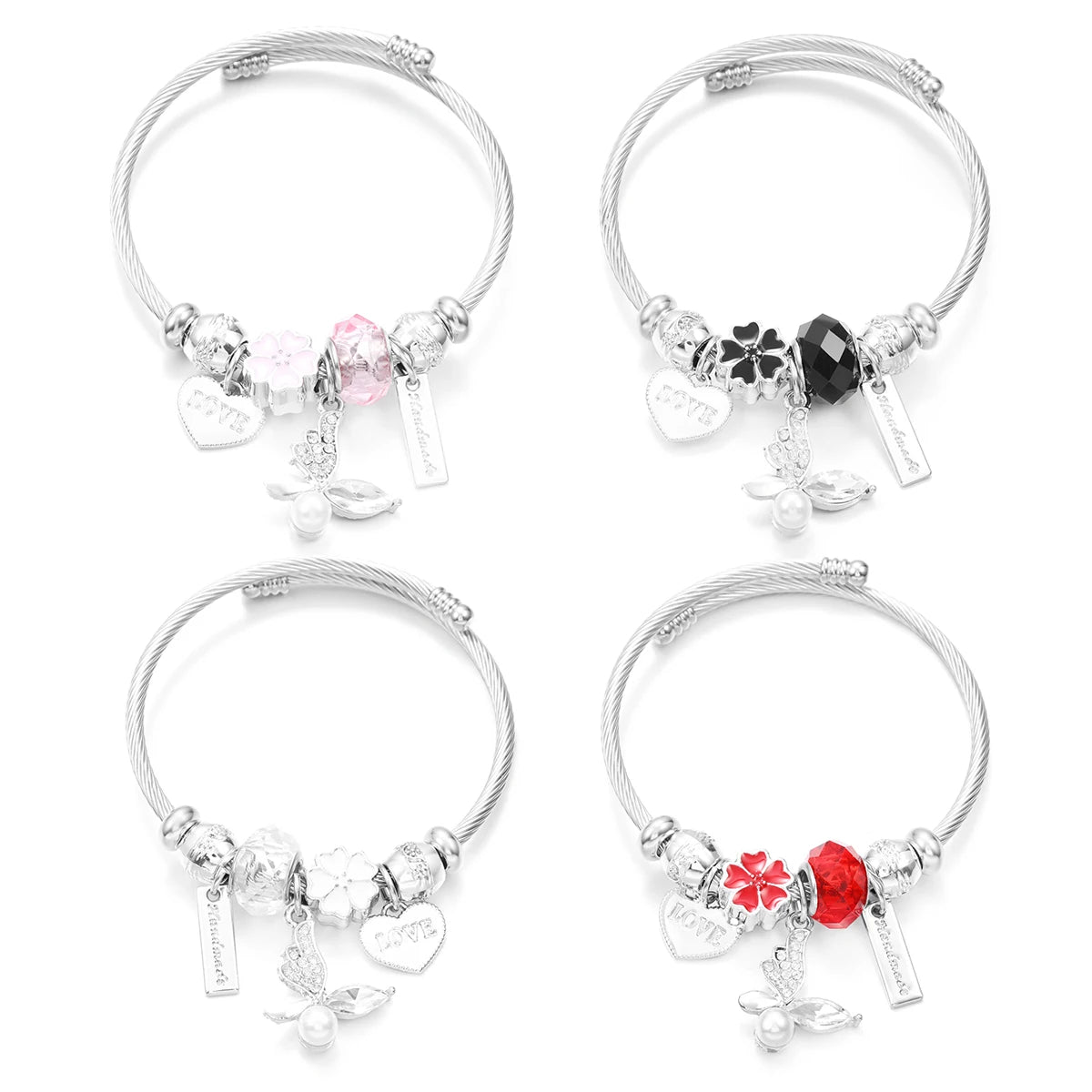 New Butterfly Crystal Tree of Life Beaded Pendant Bracelet Stainless Steel 4 Colors Closure Bangles Women Bracelet Accessories