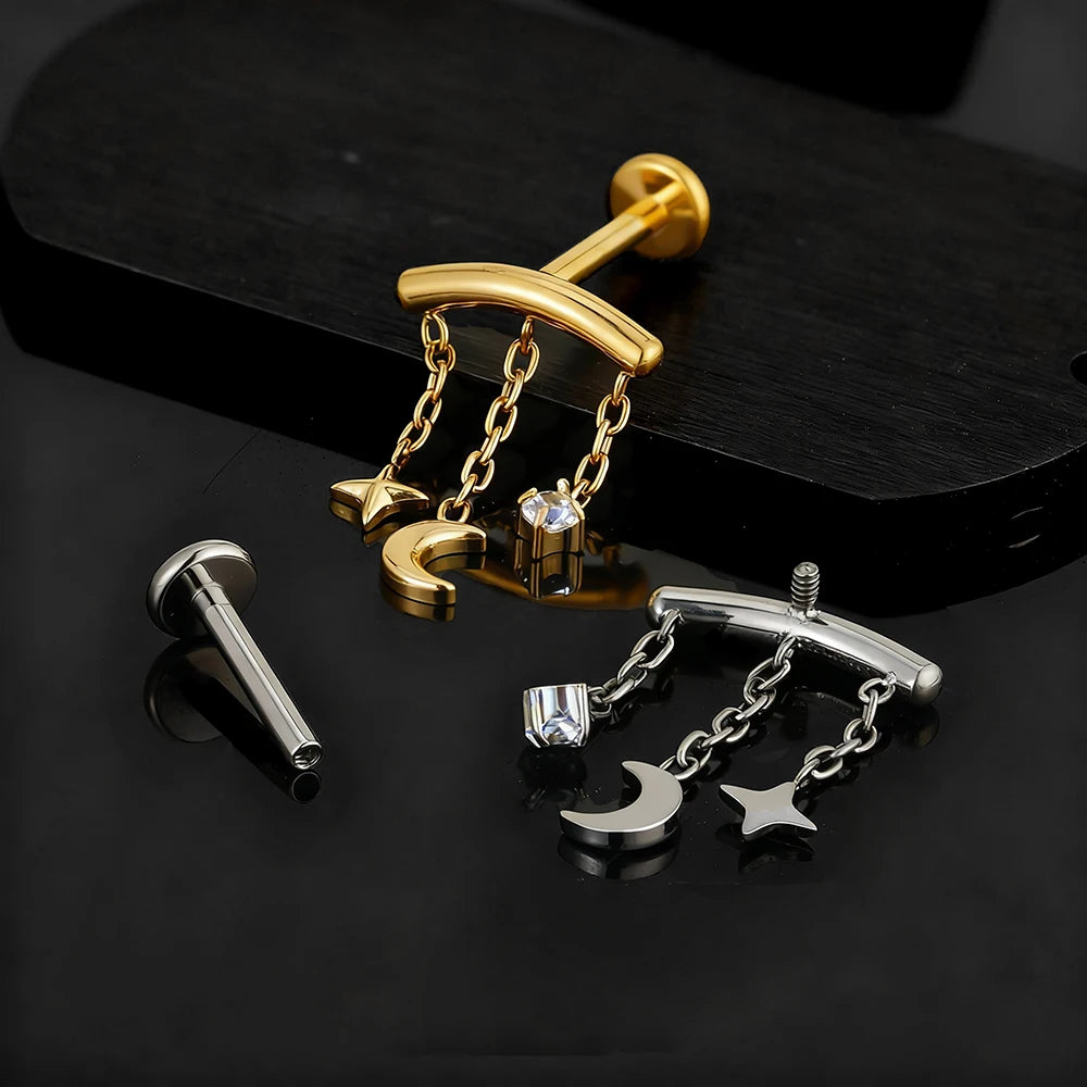 Right Grand ASTM F136 Titanium Hidden Helix Chain Earring 16G Dainty Star Moon CZ Dangle Cartilage Stud Piercing Jewelry