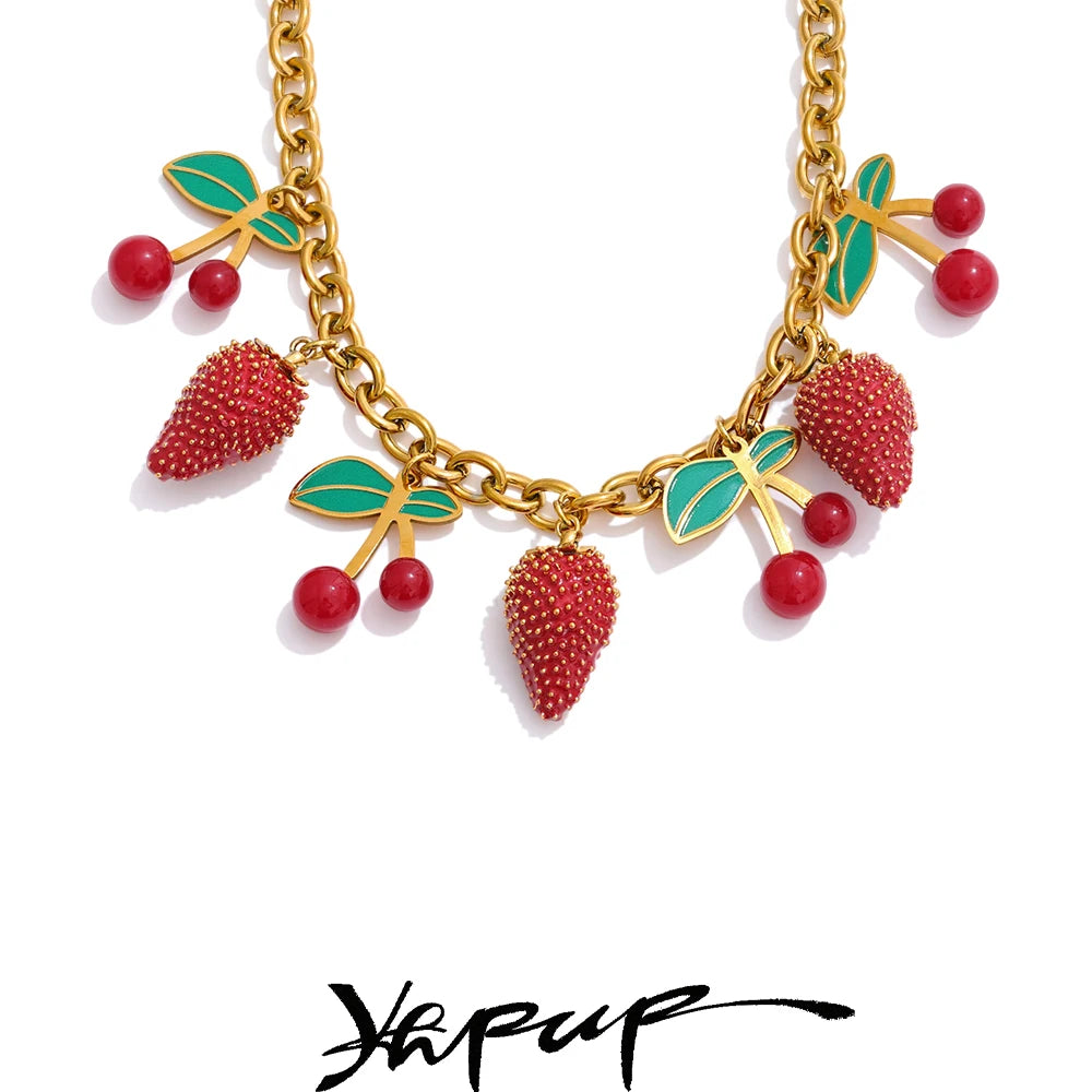 Yhpup 2025 Red Enamel Acrylic Cherry Strawberry Drop Necklace for Women Stainless Steel Fruit Handmade Fashion Collar Jewellery