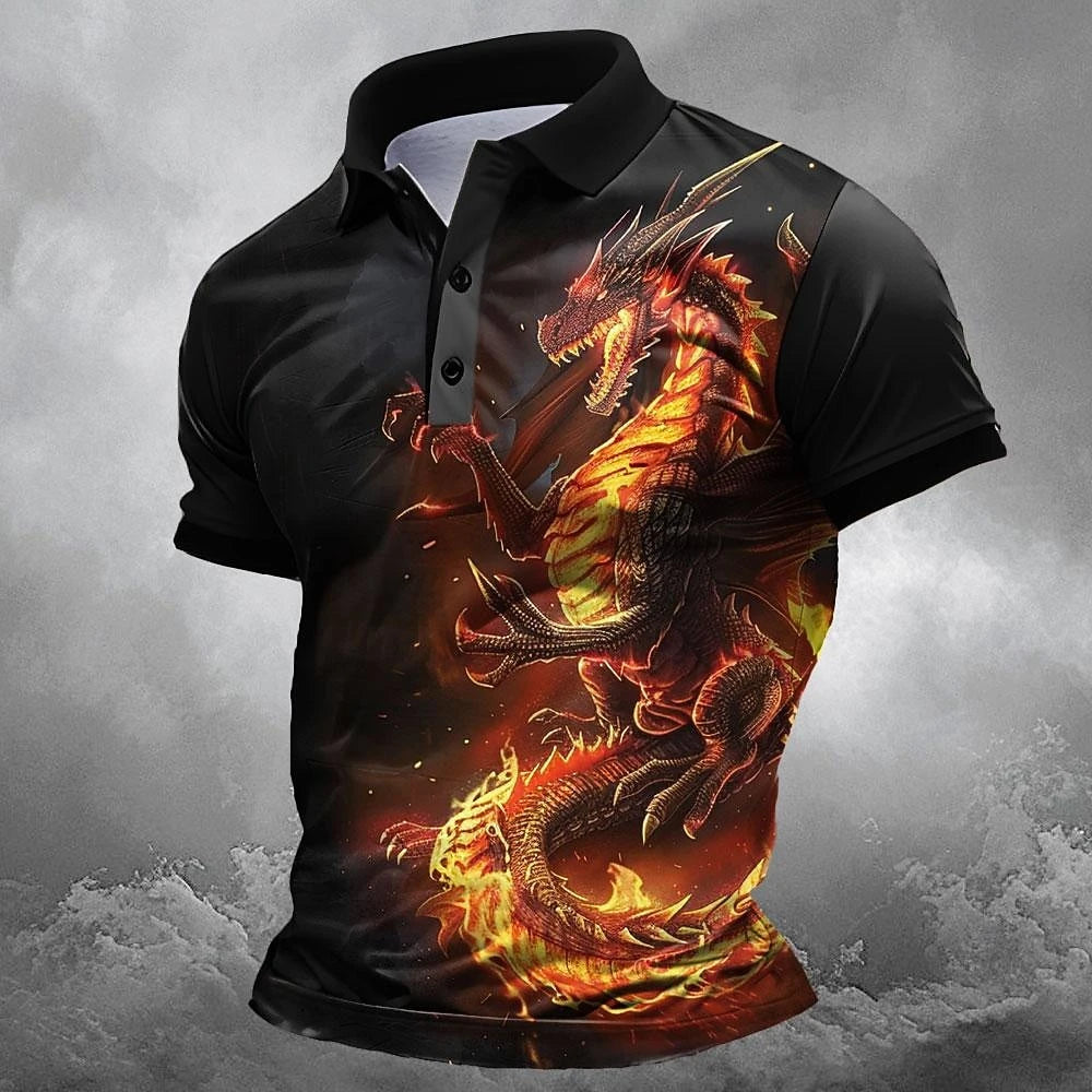Men's Dragon Print Polo Shirt – Short Sleeve Casual Golf &amp; Streetwear Polo