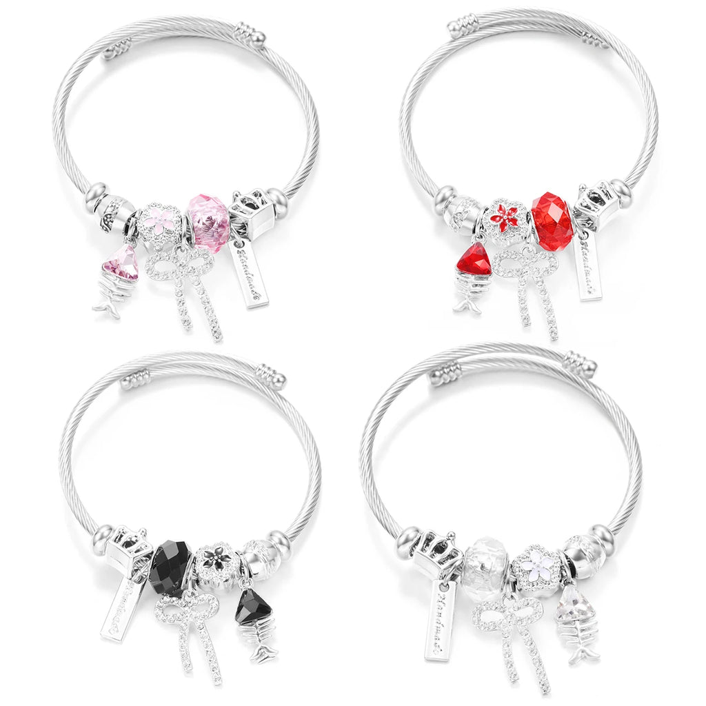 New Butterfly Crystal Tree of Life Beaded Pendant Bracelet Stainless Steel 4 Colors Closure Bangles Women Bracelet Accessories