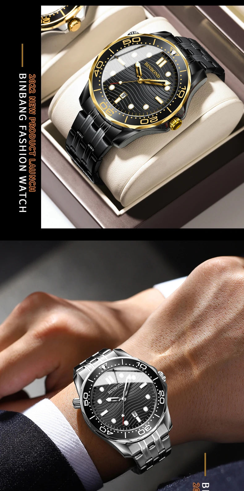 BINBOND Brand New Fashion Ultra-thin Sea Horse Series Men Business Quartz  Watches Waterproof Luminous Sports Casual Men's Watch