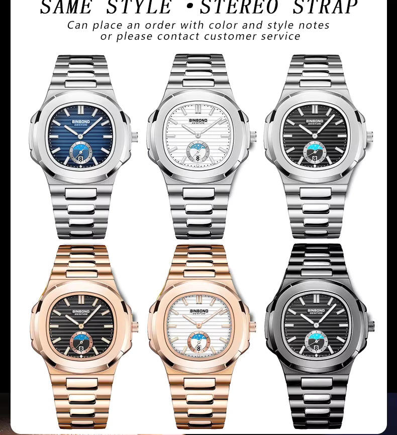 BINBOND Men's Business Quartz Watch – Stainless Steel Waterproof Wristwatch