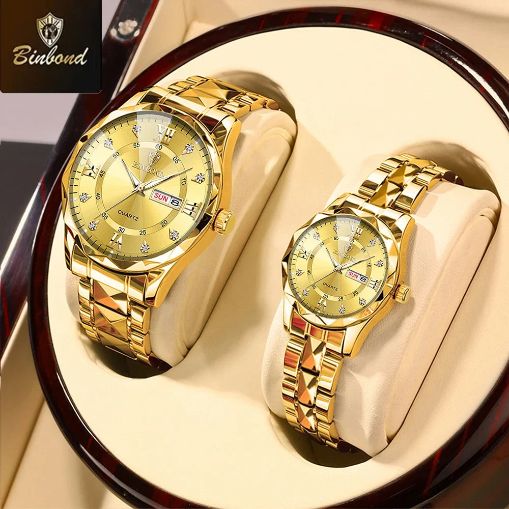 2pcs/Set BINBOND Couple Quartz Watches 30M Waterproof Fashion Diamond Valentine Day Gift Stainless Steel Watch Men Women Watch