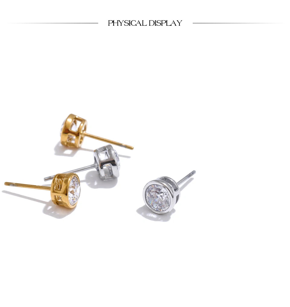 Yhpup High-Grade AAA Shiny Cubic Zirconia Round Stud Earrings Luxury Stainless Steel Daily Premium Jewelry Accessories