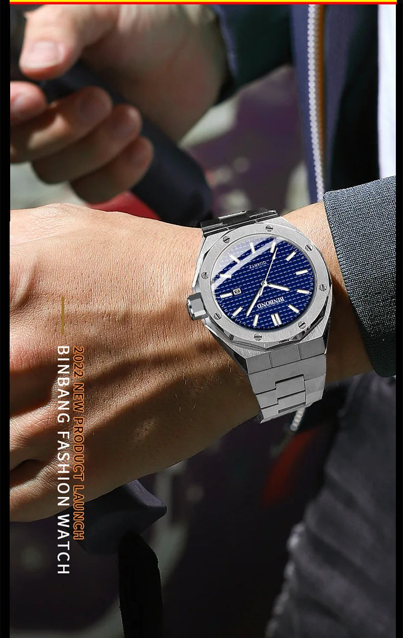 BINBOND B0233 Fashion Casual Men Watches Big Dial blackStainless Steel Calendar Quartz Wristwatch Classic Top Brand Male Clock