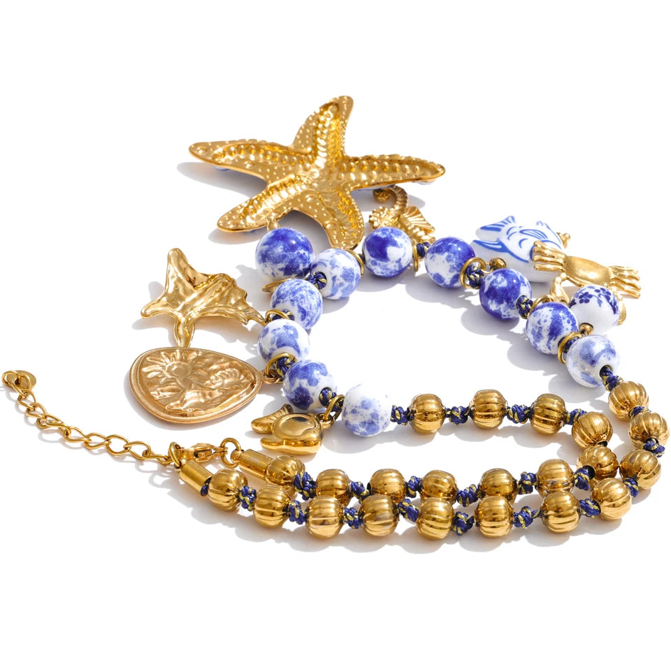 Yhpup Ocean Series Ceramic Beads Chain Fish Starfish Drop Charm Statement Necklace Exclusive Style Handmade Collar Jewelry